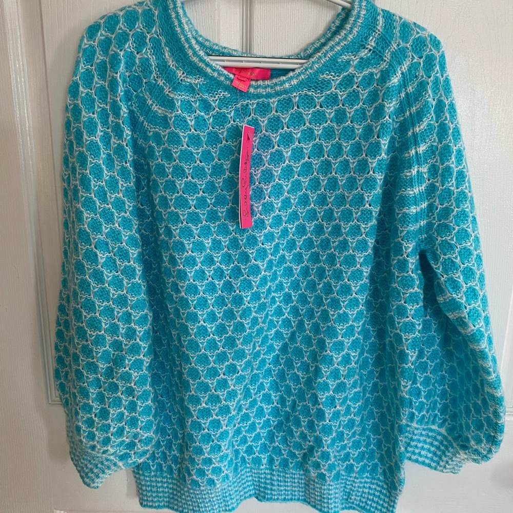 Lilly Pulitzer XXL Turquoise and White Crew Neck Sweater